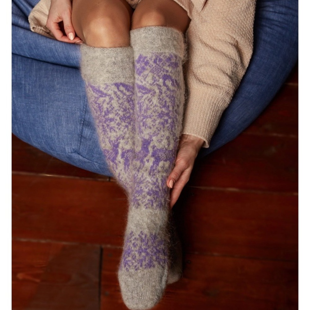 Siberia Spirit Goat Wool Socks Knee High Purple Grey Reindeer Fair Isle